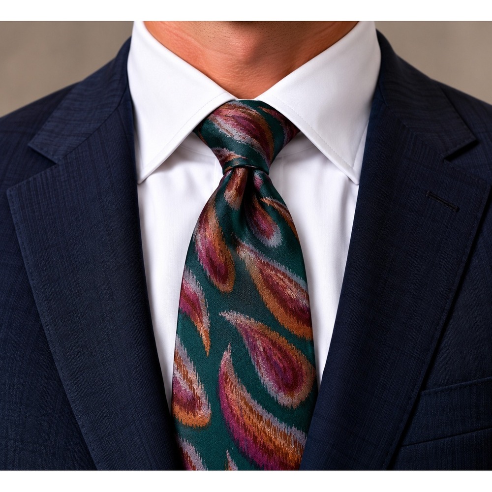 Oscar de la Renta Mens Silk Tie Green Burgundy Abstract Paisley Made in USA